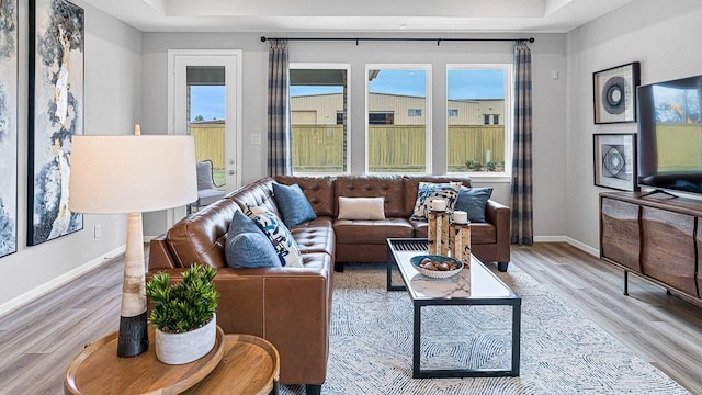 living area featuring a tray ceiling, wood finished floors, and baseboards