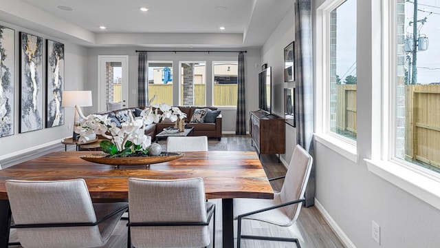 interior space featuring recessed lighting, a tray ceiling, baseboards, and wood finished floors