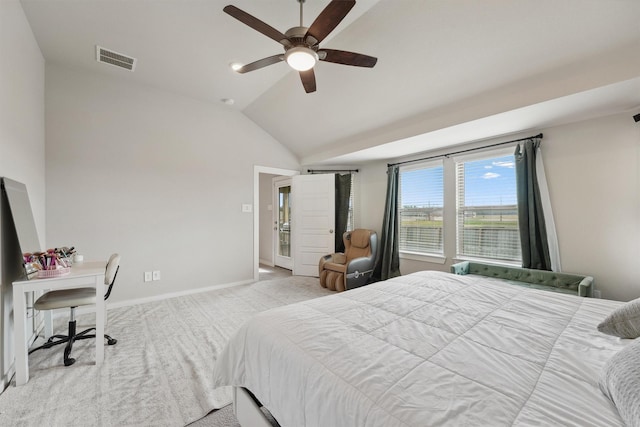 bedroom featuring vaulted ceiling, ceiling fan, and light carpet