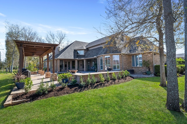 back of property featuring a pergola, a lawn, and a patio