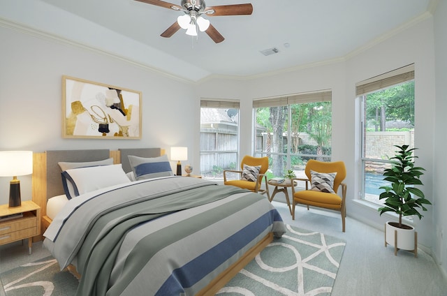 bedroom with ceiling fan, light carpet, crown molding, and multiple windows