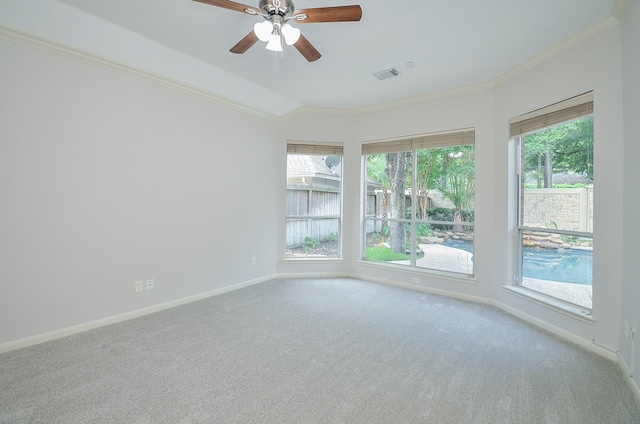 carpeted empty room featuring ceiling fan and ornamental molding