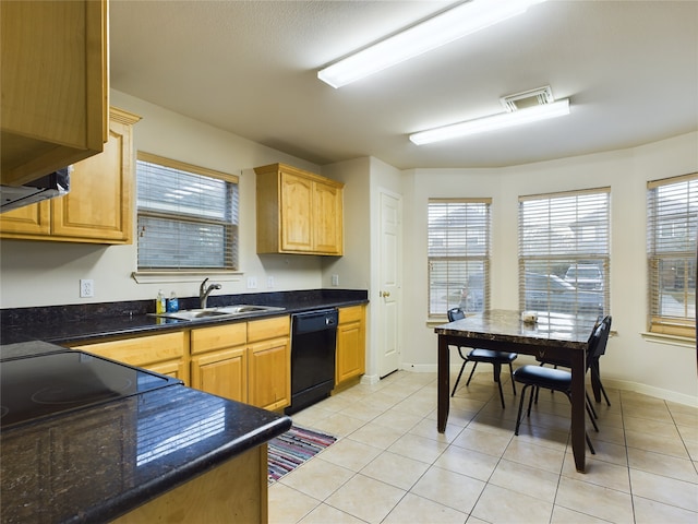 kitchen with sink, black dishwasher, cooktop, and light tile patterned flooring