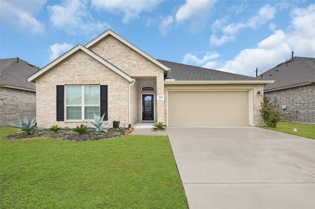 ranch-style house featuring a garage and a front yard