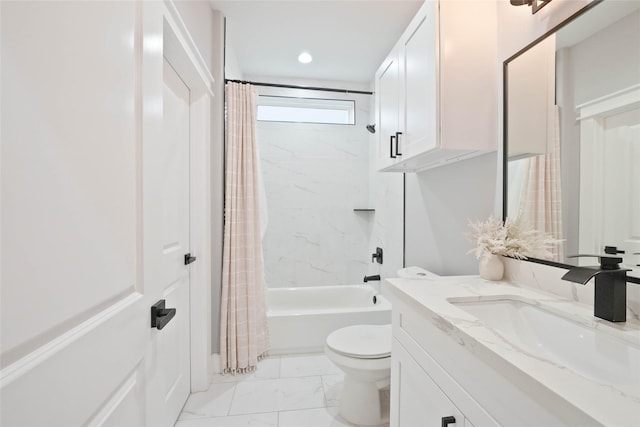 full bathroom with toilet, shower / tub combo, and vanity