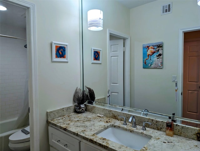 full bathroom featuring vanity, shower / bathtub combination with curtain, and toilet