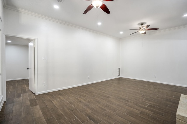 empty room with ceiling fan and crown molding