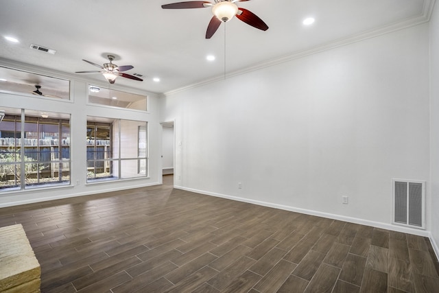 unfurnished living room featuring ceiling fan and ornamental molding