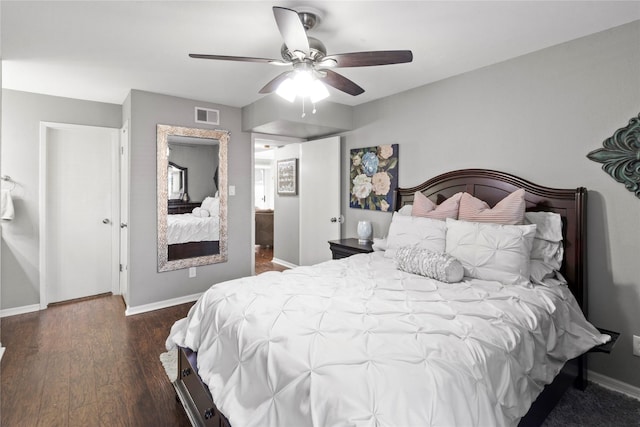 bedroom featuring ceiling fan and dark hardwood / wood-style flooring