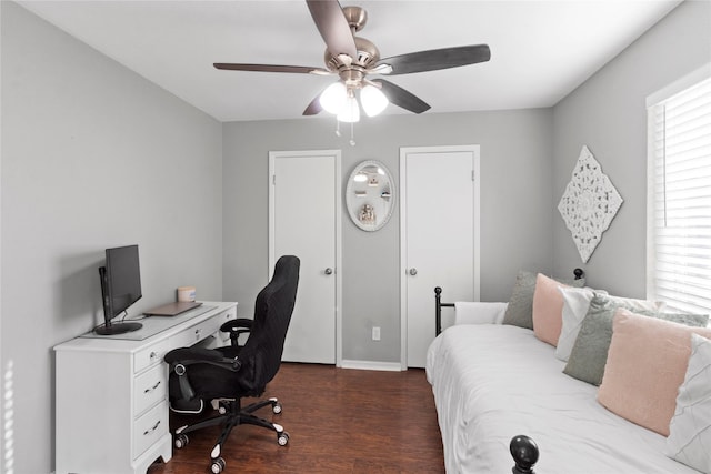 office featuring ceiling fan and dark hardwood / wood-style flooring