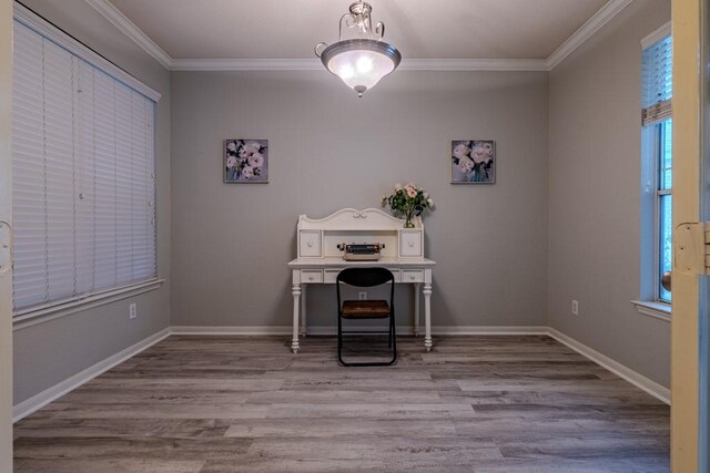 unfurnished office featuring crown molding and light hardwood / wood-style flooring