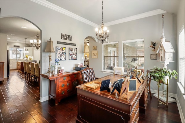 office area featuring a chandelier, dark wood-type flooring, arched walkways, and ornamental molding