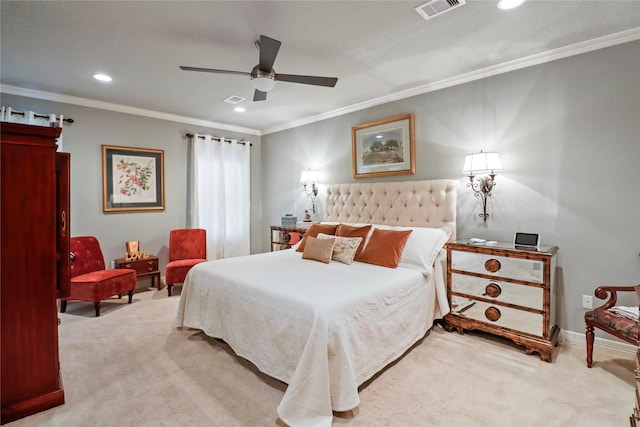 bedroom with baseboards, visible vents, light colored carpet, crown molding, and recessed lighting