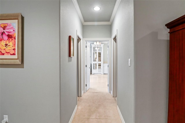 corridor with crown molding, baseboards, a chandelier, and light colored carpet