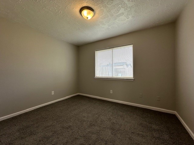 spare room featuring dark carpet and a textured ceiling