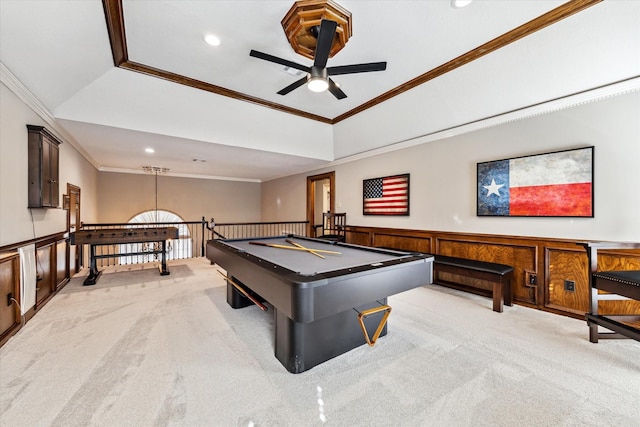 recreation room featuring ceiling fan, light colored carpet, pool table, and ornamental molding