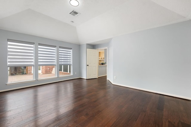 interior space with a raised ceiling, dark hardwood / wood-style floors, and lofted ceiling