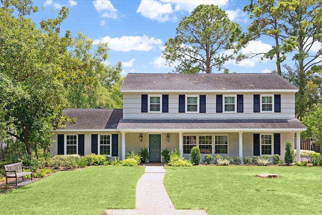 view of front of property featuring a front lawn and covered porch