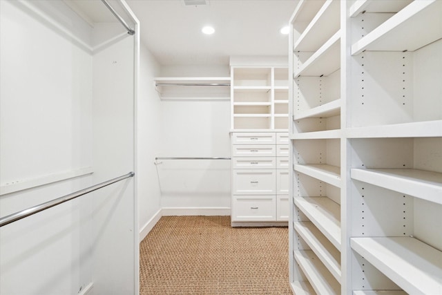 walk in closet with light carpet