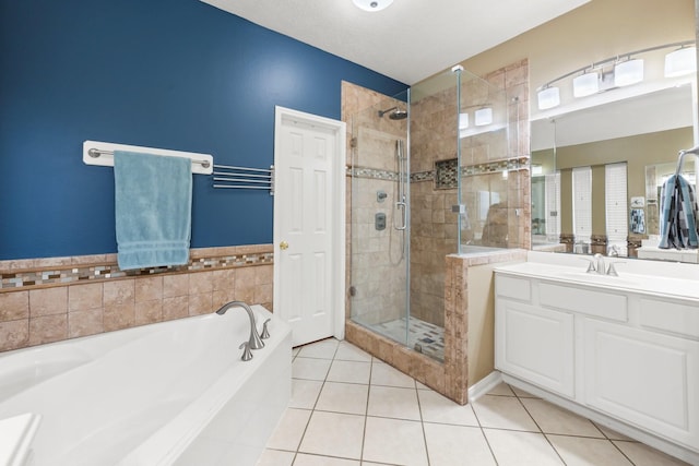 bathroom with vanity, separate shower and tub, and tile patterned flooring