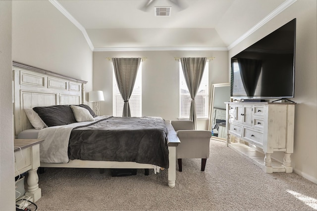 carpeted bedroom with lofted ceiling and ornamental molding