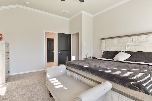 bedroom with ceiling fan, light colored carpet, and ornamental molding