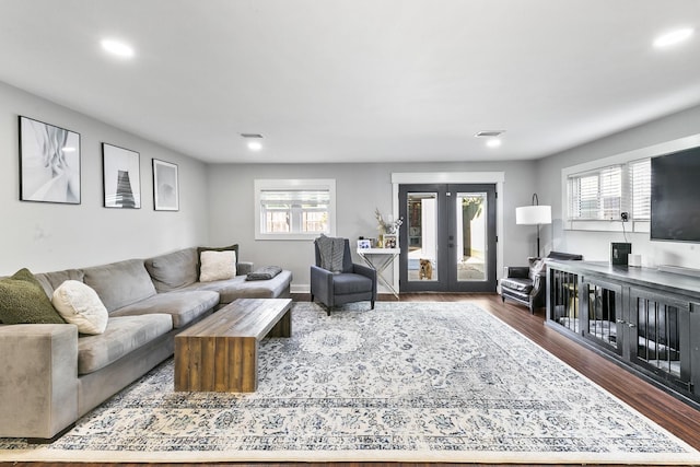 living room with dark wood-type flooring