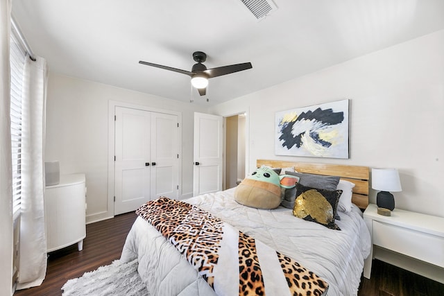 bedroom with ceiling fan, dark wood-type flooring, multiple windows, and a closet