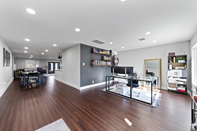 office area with dark hardwood / wood-style floors