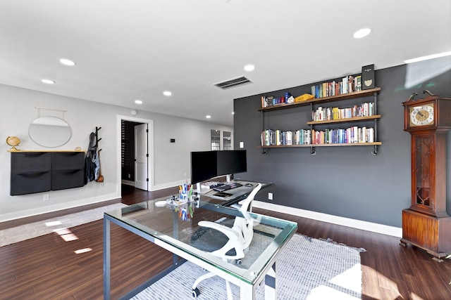 office area with dark wood-type flooring