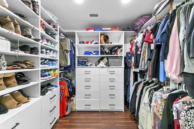 spacious closet with dark hardwood / wood-style floors