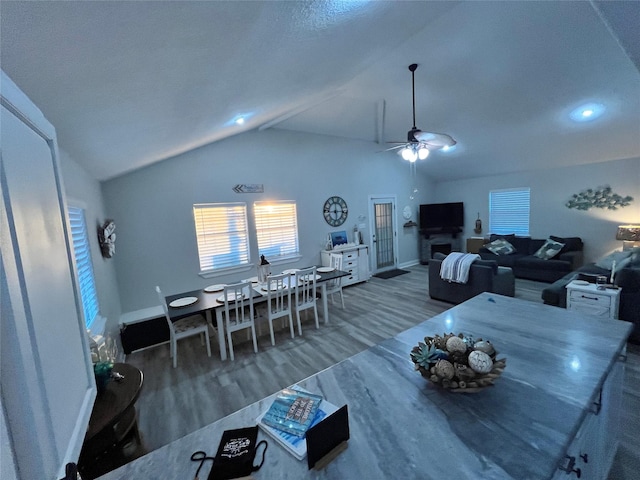 dining area with lofted ceiling, ceiling fan, baseboards, and wood finished floors