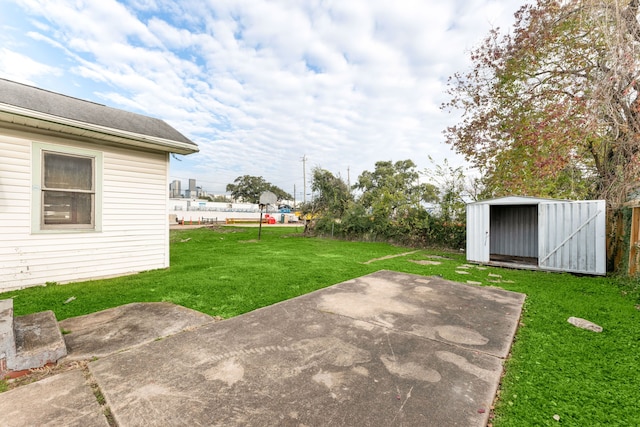 view of yard with a patio area and a storage unit