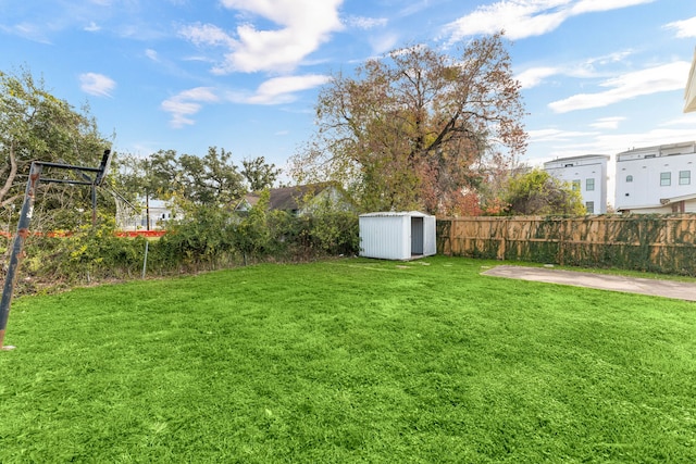 view of yard with a storage shed and a patio area