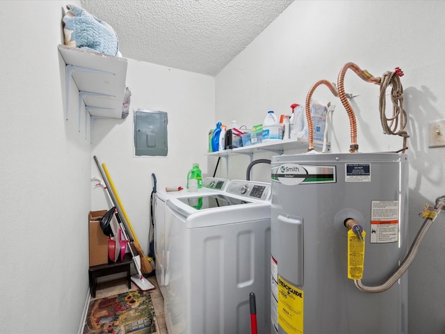 laundry area with separate washer and dryer, electric water heater, electric panel, and a textured ceiling