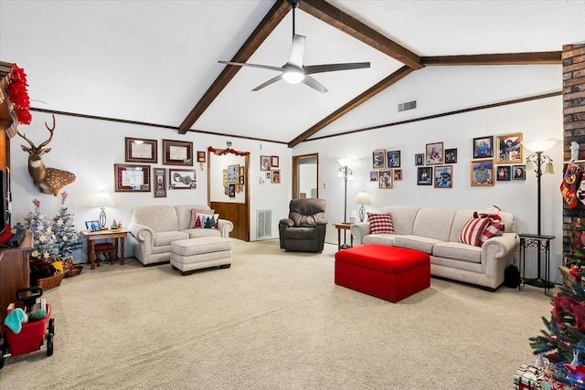 carpeted living room with a textured ceiling, ceiling fan, and lofted ceiling with beams