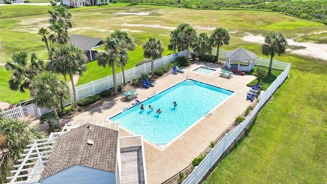 view of swimming pool with a gazebo, a hot tub, and a patio area