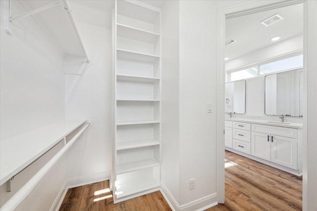 walk in closet with wood-type flooring and sink