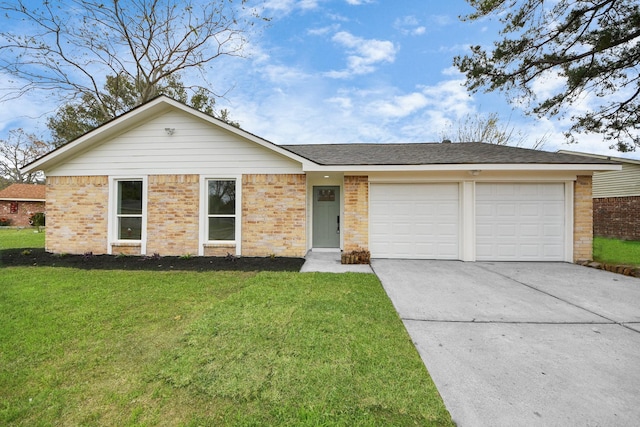 ranch-style house with a front yard and a garage