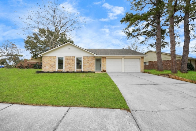 single story home with a front yard and a garage