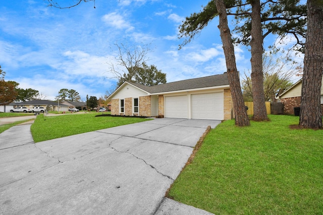 ranch-style home with a garage and a front yard