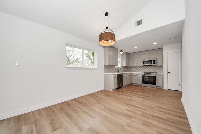 kitchen with pendant lighting, appliances with stainless steel finishes, lofted ceiling, decorative backsplash, and sink