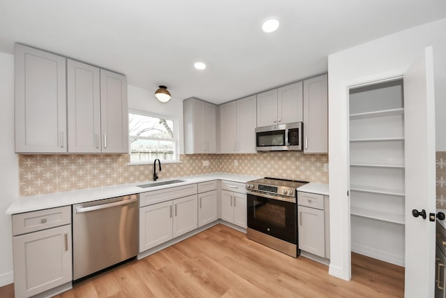 kitchen with light hardwood / wood-style floors, decorative backsplash, sink, gray cabinetry, and stainless steel appliances