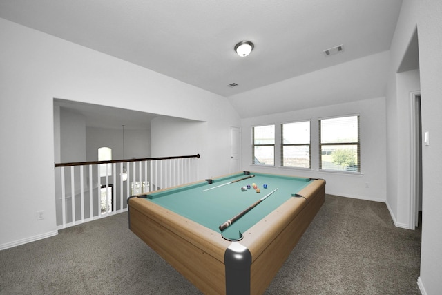 rec room featuring vaulted ceiling, billiards, and dark colored carpet