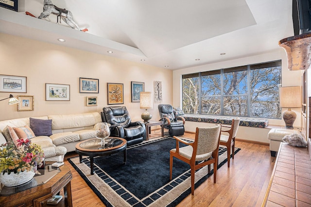 living room featuring hardwood / wood-style flooring and lofted ceiling