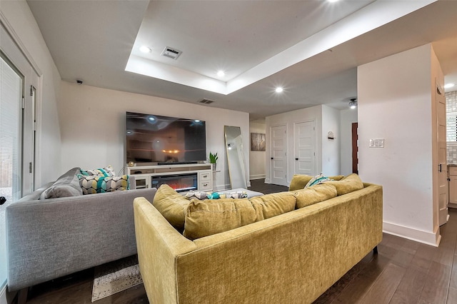 living room with dark hardwood / wood-style floors and a raised ceiling