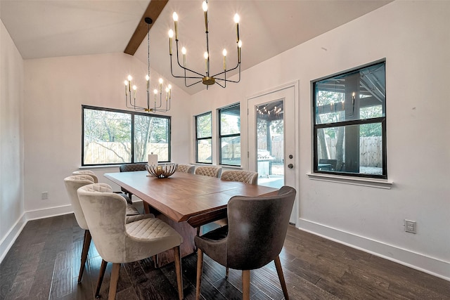 dining space with dark hardwood / wood-style floors, a chandelier, and vaulted ceiling with beams