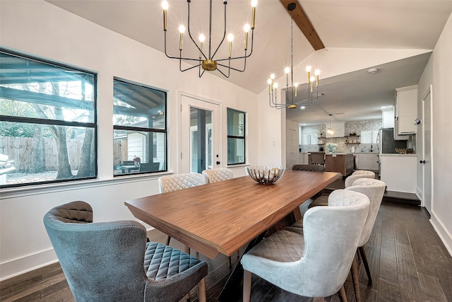 dining space featuring dark wood-type flooring, vaulted ceiling with beams, and an inviting chandelier