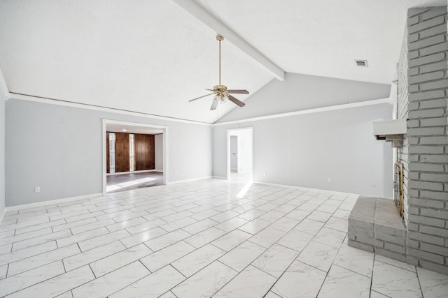 unfurnished living room featuring a brick fireplace, lofted ceiling with beams, and ceiling fan