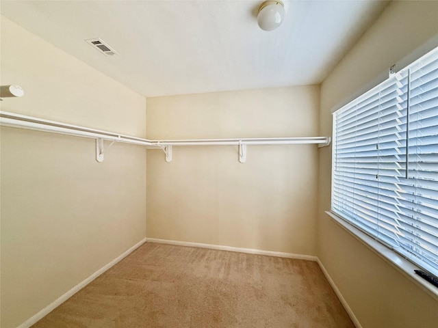 walk in closet featuring light colored carpet